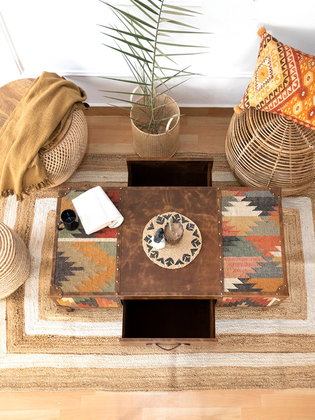 Kilim coffee table with leather trim — Art Avenue