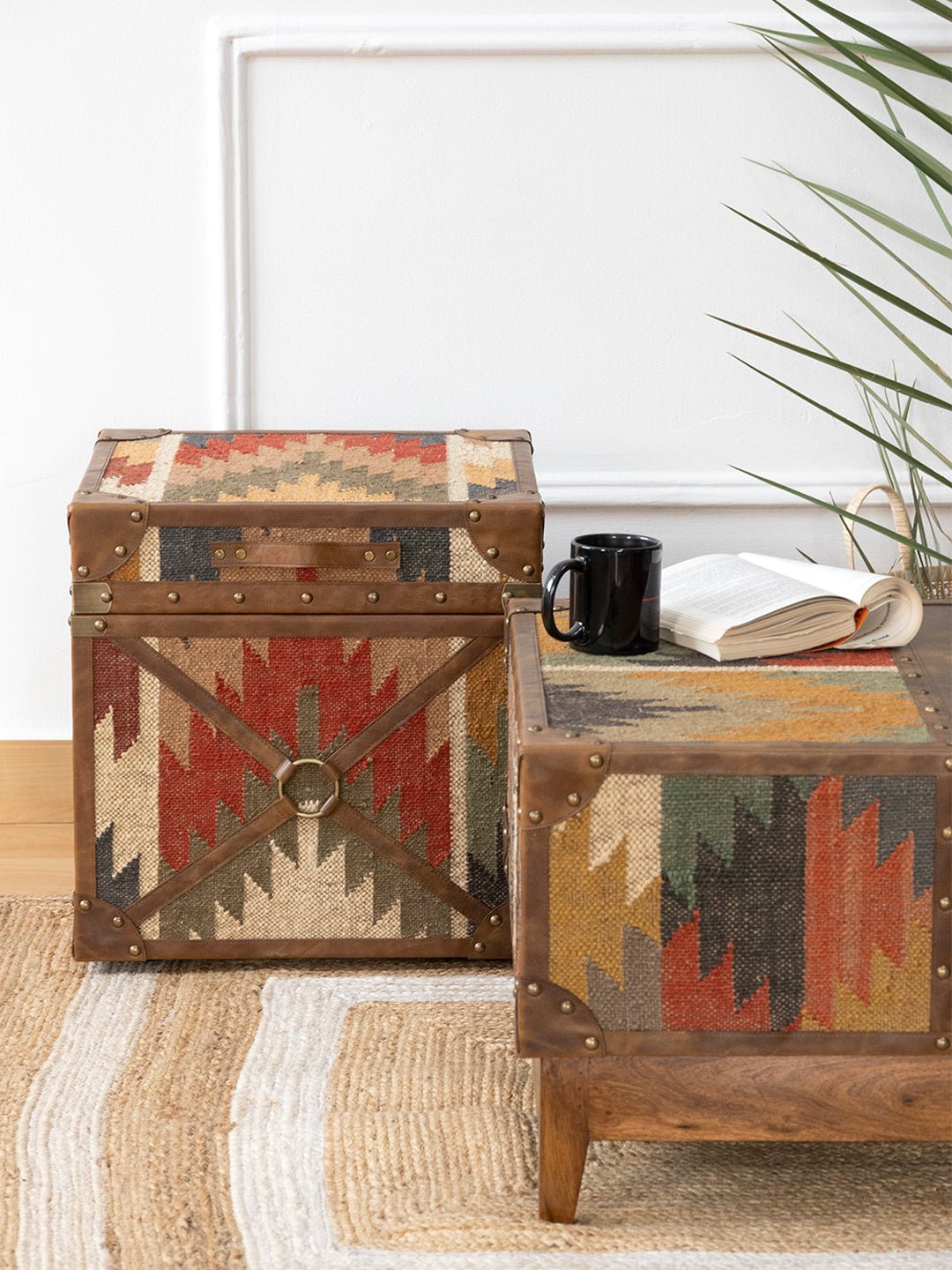 Side view of kilim storage trunk — Art Avenue