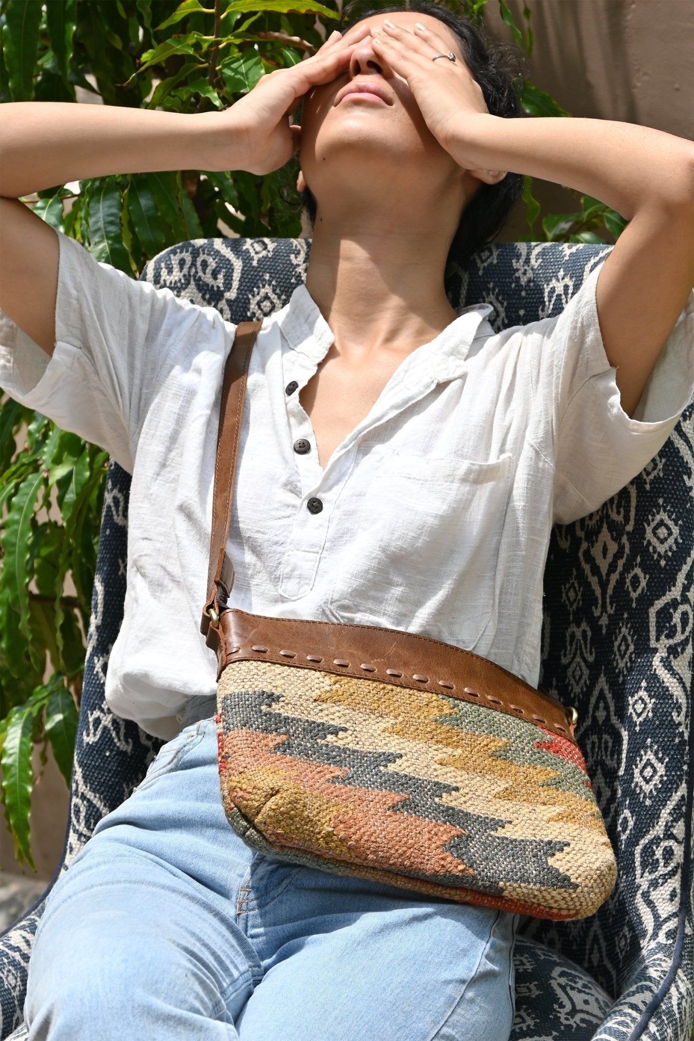 Aribo sling bag kilim textile detail — Art Avenue