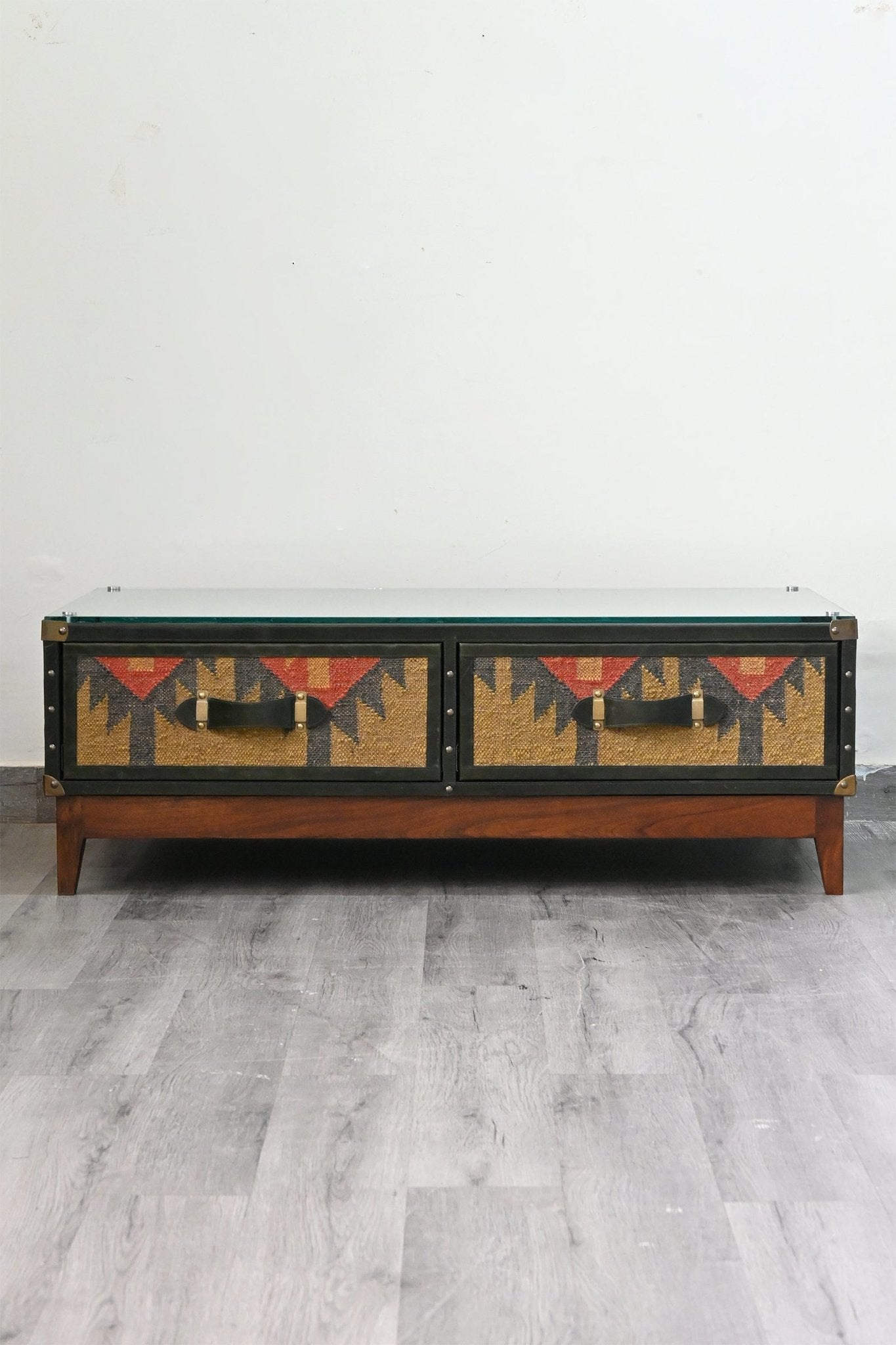 Evelyn kilim coffee table — leather legs detail — Art Avenue