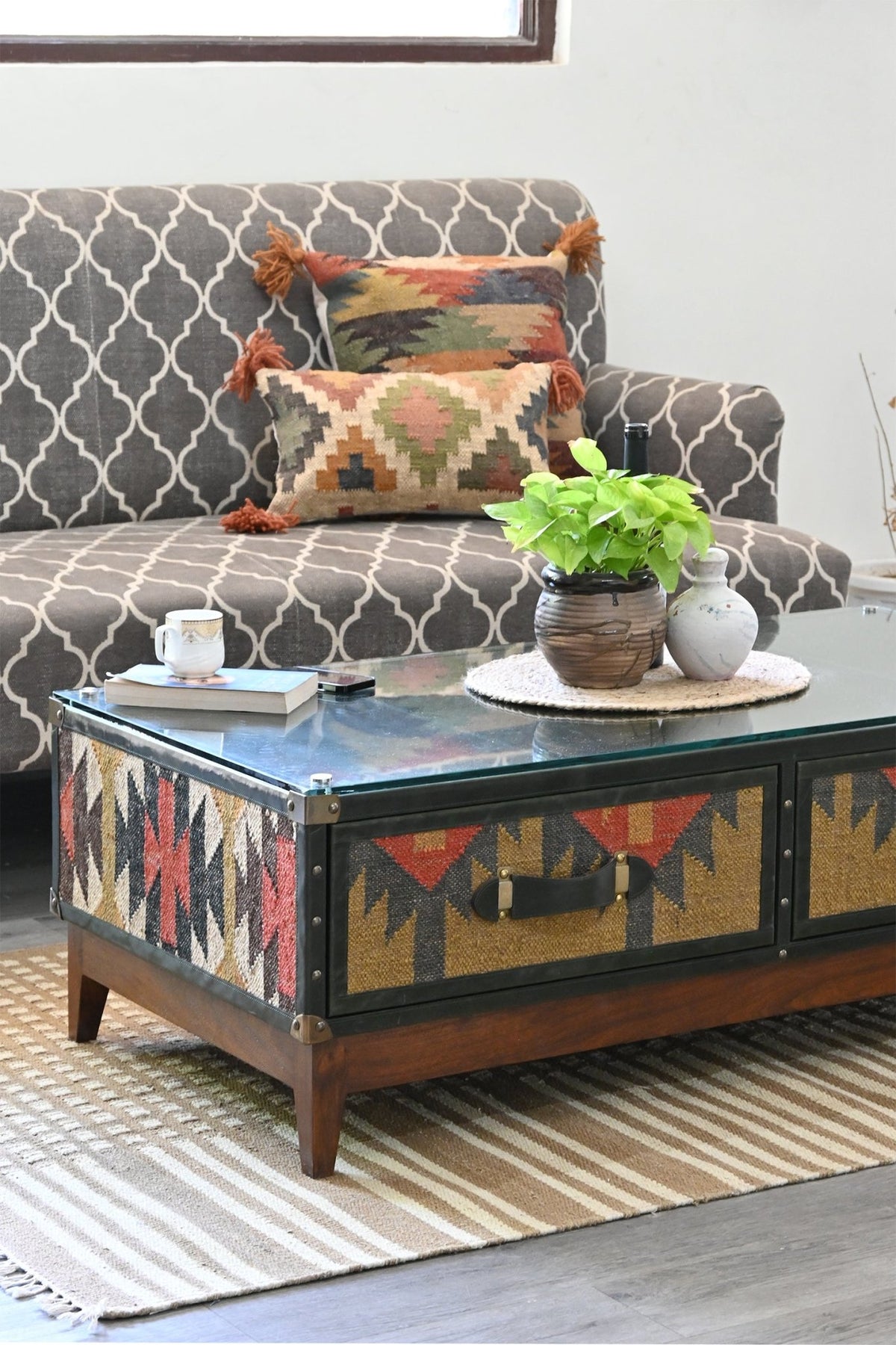 Side view of kilim and leather coffee table — Art Avenue