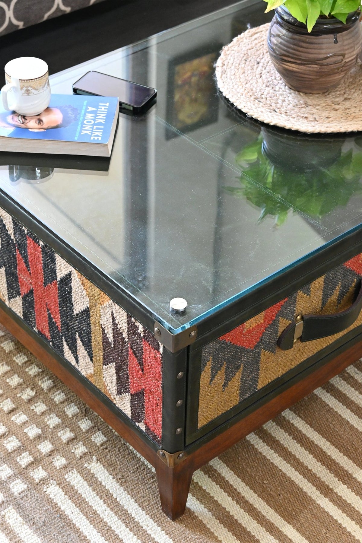 EVELYN COFFEE TABLE IN KILIM & LEATHER - ART AVENUE