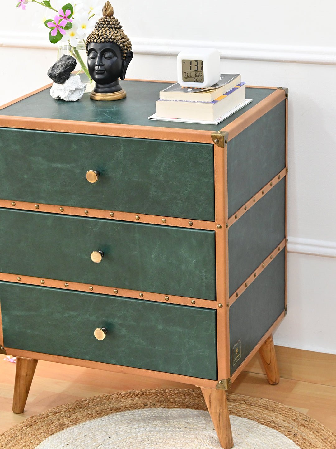 Side view of leather table with drawers — Art Avenue