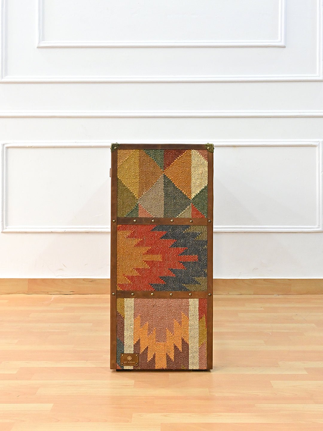 Aahana kilim leather console table — room setting, Art Avenue