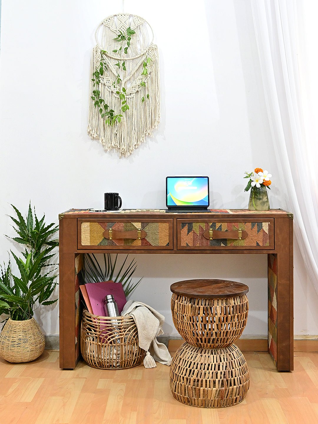 AAHANA- LEATHER & KILIM OFFICE TABLE - ART AVENUE