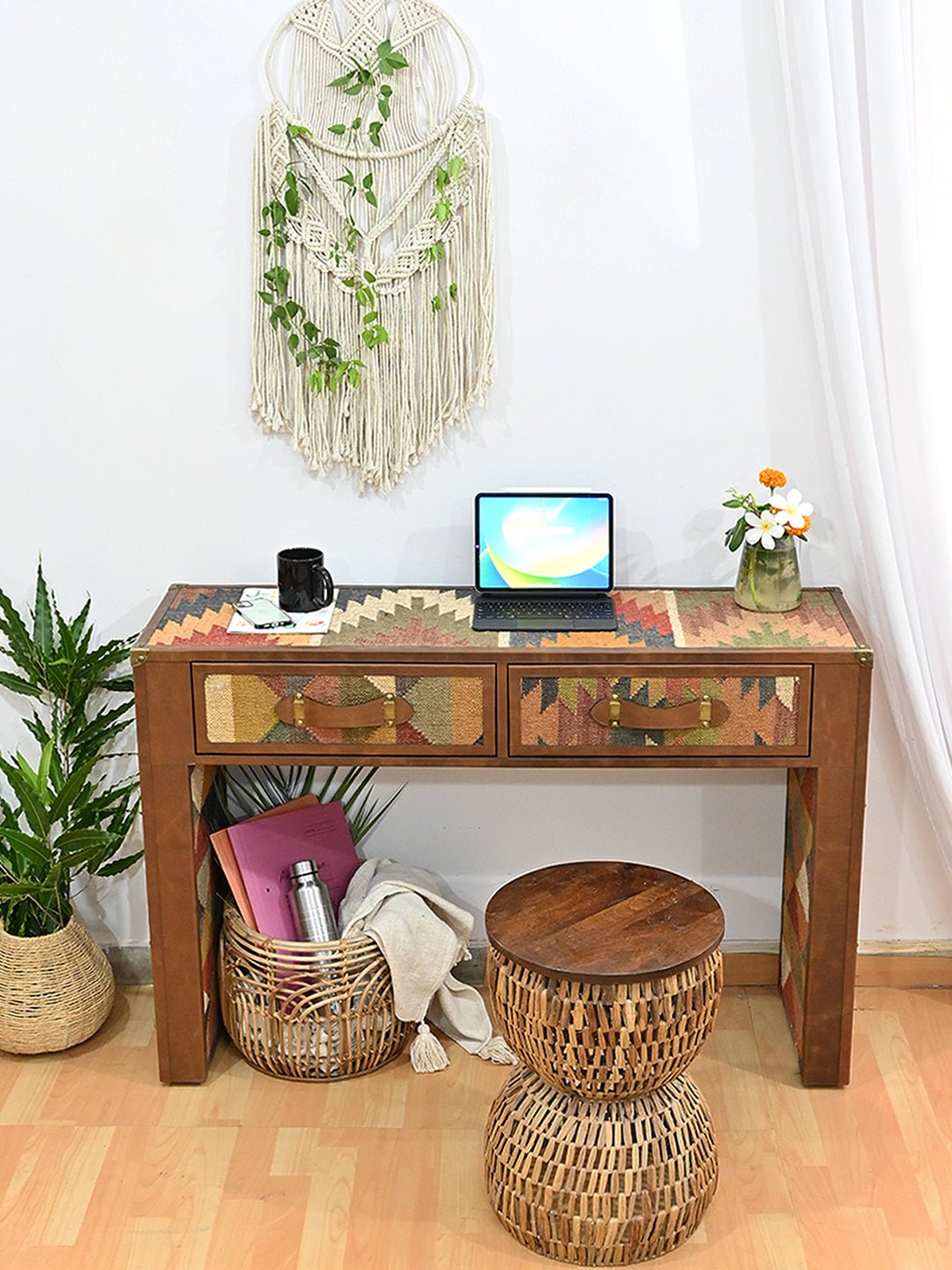 Aahana kilim and leather console table — Art Avenue