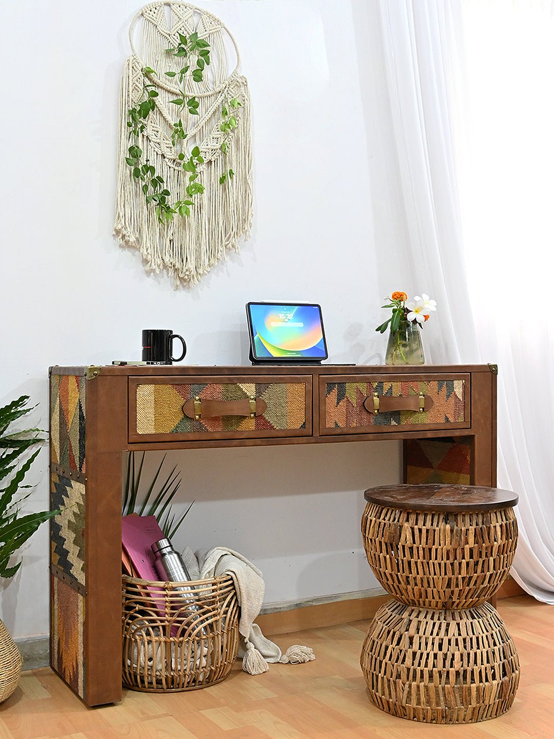 Aahana kilim leather console detail — Art Avenue