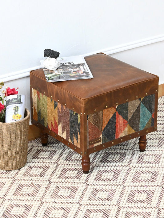 Kilim & Leather Ottoman in Brown — Art Avenue