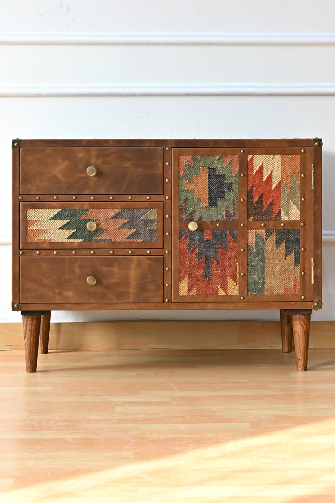 Handcrafted kilim and leather chest of drawers — Art Avenue