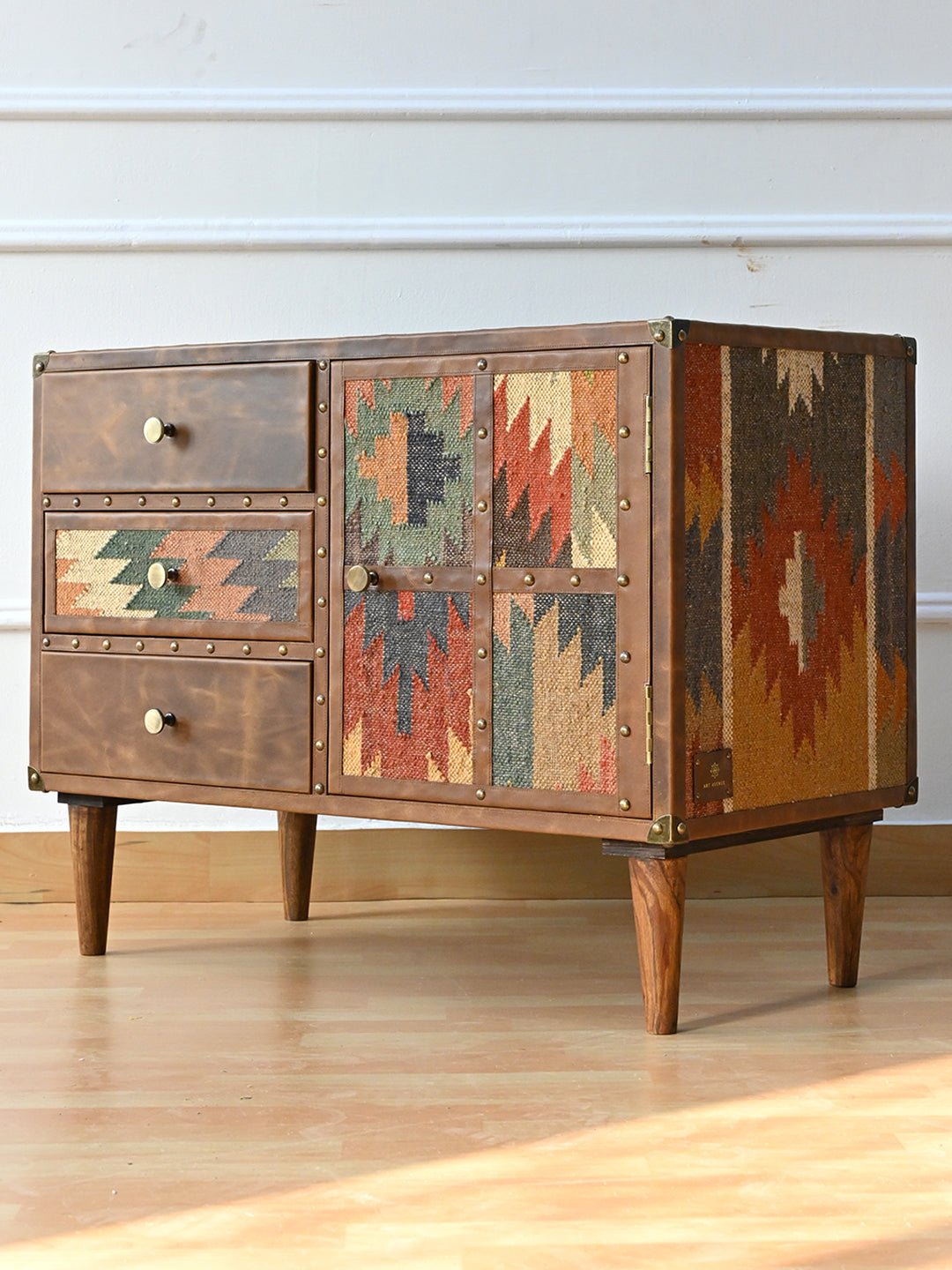 Detail of kilim panel on chest of drawers — Art Avenue