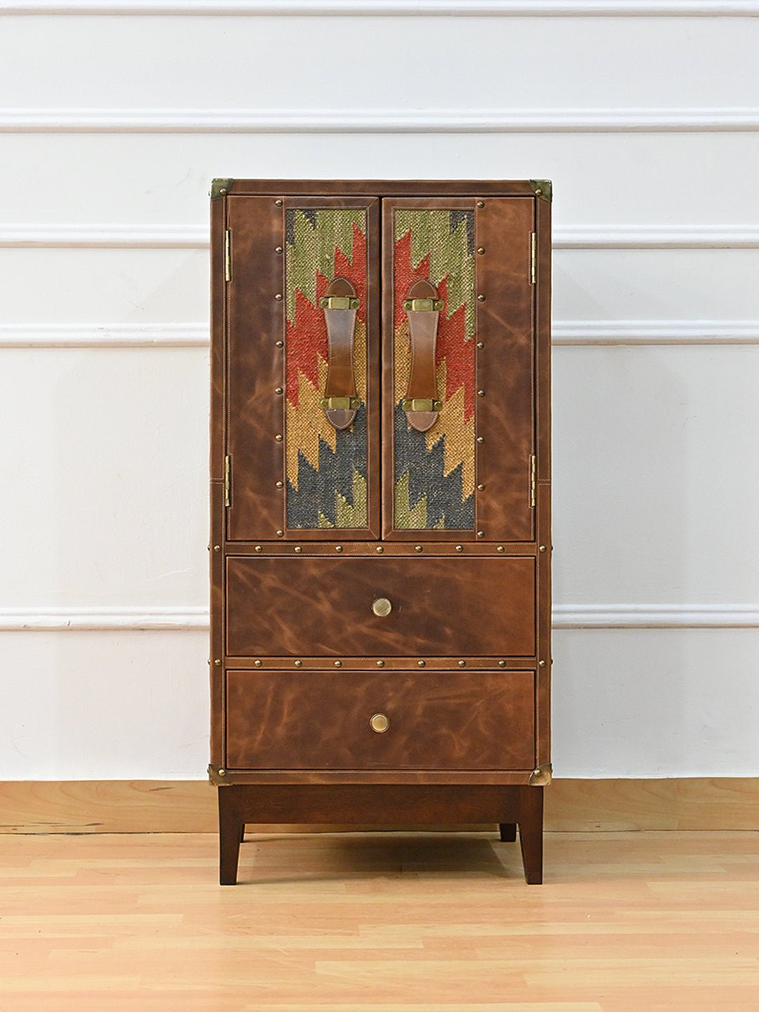 ELEGANCE CABINET WITH DRAWER - KILIM AND LEATHER - ART AVENUE