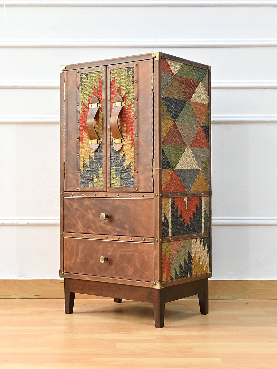ELEGANCE CABINET WITH DRAWER - KILIM AND LEATHER - ART AVENUE