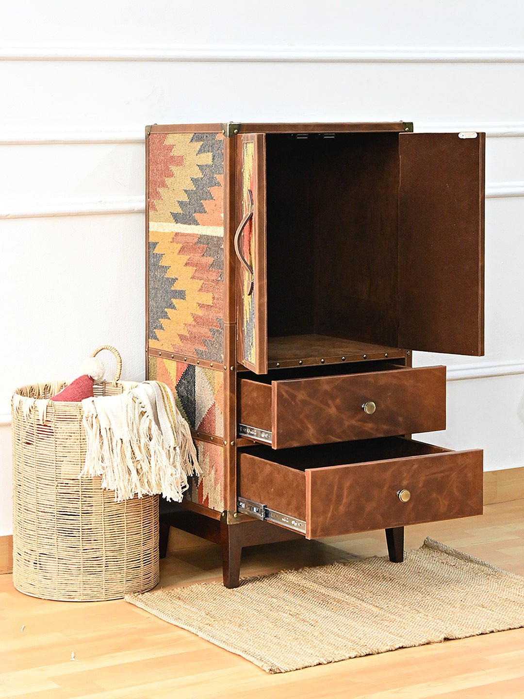 ELEGANCE CABINET WITH DRAWER - KILIM AND LEATHER - ART AVENUE
