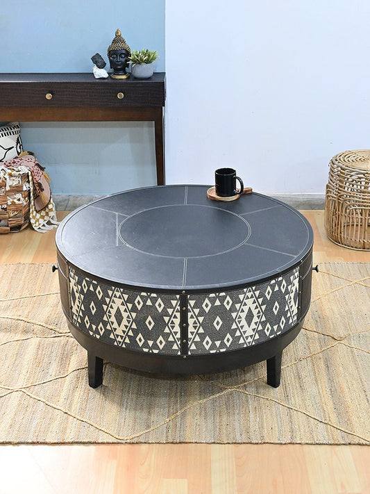 Round Leather & Printed Cotton Coffee Table — Art Avenue