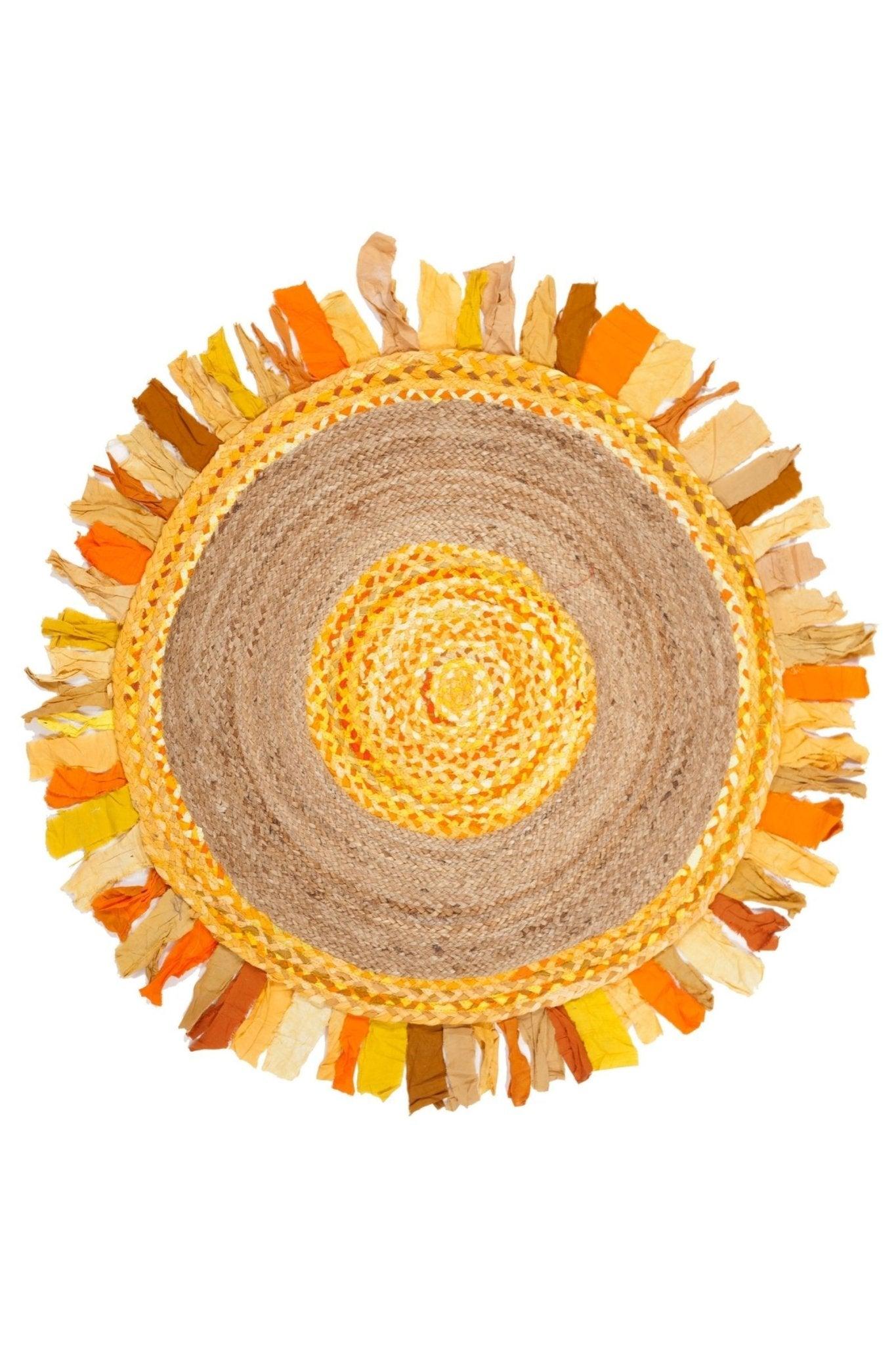 Aconite hand-braided round jute rug — orange and yellow handmade in Jaipur