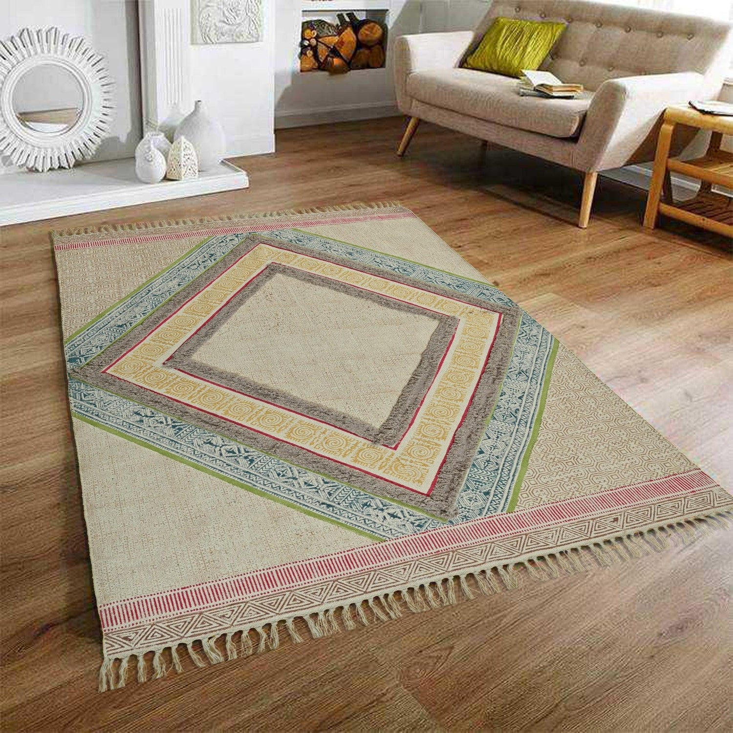 Adah Block-Printed Cotton Dhurrie Rug in Green & Yellow — Art Avenue