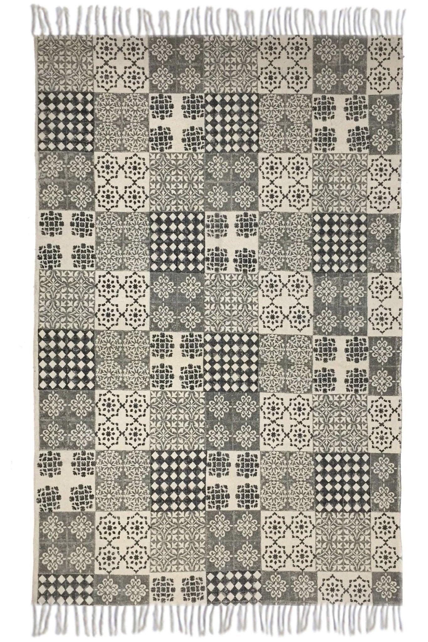 Block-Printed Cotton Dhurrie Rug in Black Traditional Pattern — Art Avenue
