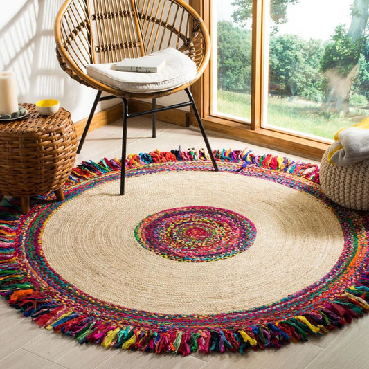 Alacia multicolour hand-braided round jute rug with fringes — handmade in Jaipur
