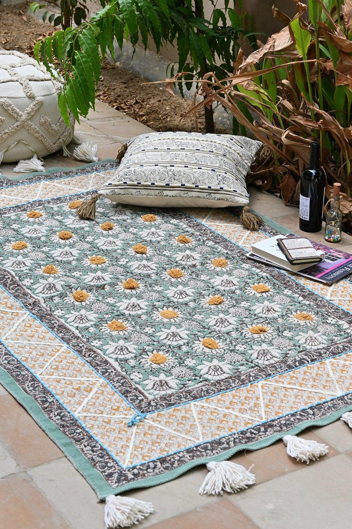 Ananta Block-Printed Cotton Dhurrie Rug in Green — Art Avenue