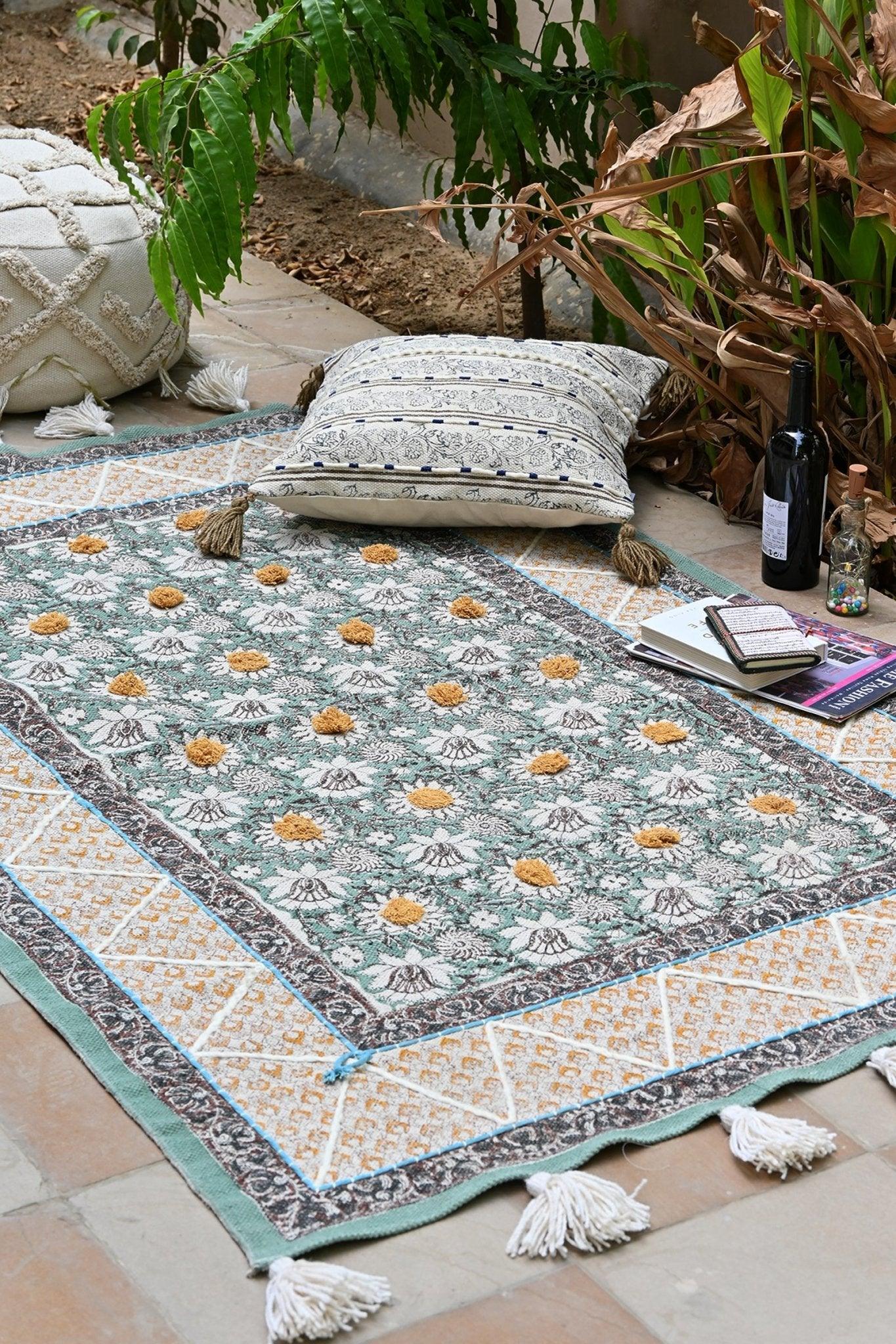 Ananta Block-Printed Cotton Dhurrie Rug in Green — Art Avenue