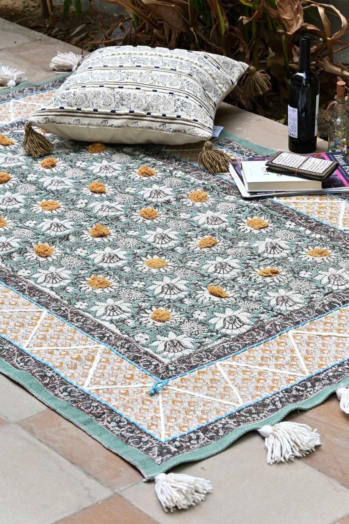 Detail of block-print surface on green cotton dhurrie rug — Art Avenue