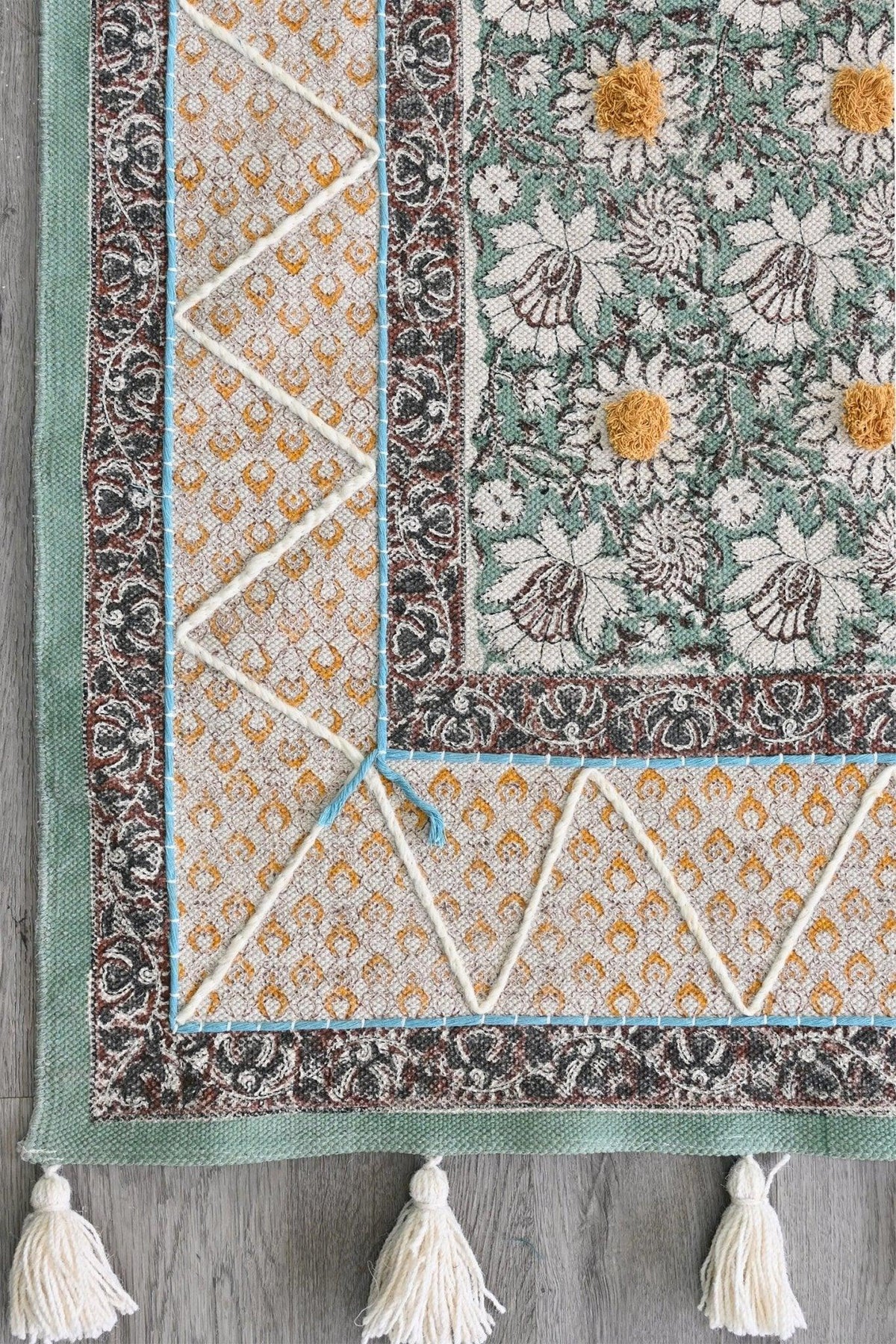 Block-printed cotton dhurrie rug in room setting — Art Avenue