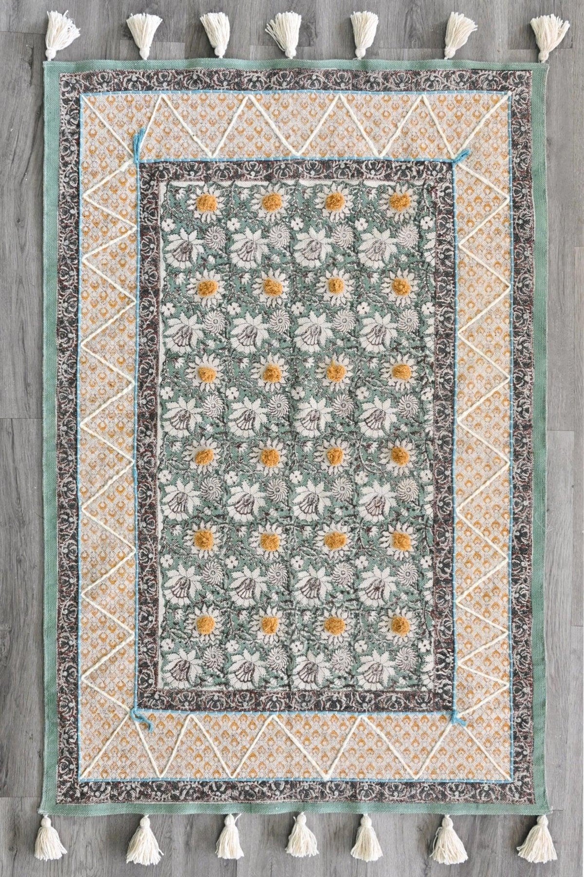 Block-Printed Cotton Dhurrie Rug in Green Floral Pattern — Art Avenue