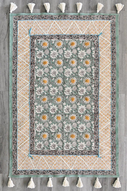 Block-Printed Cotton Dhurrie Rug in Green Floral Pattern — Art Avenue