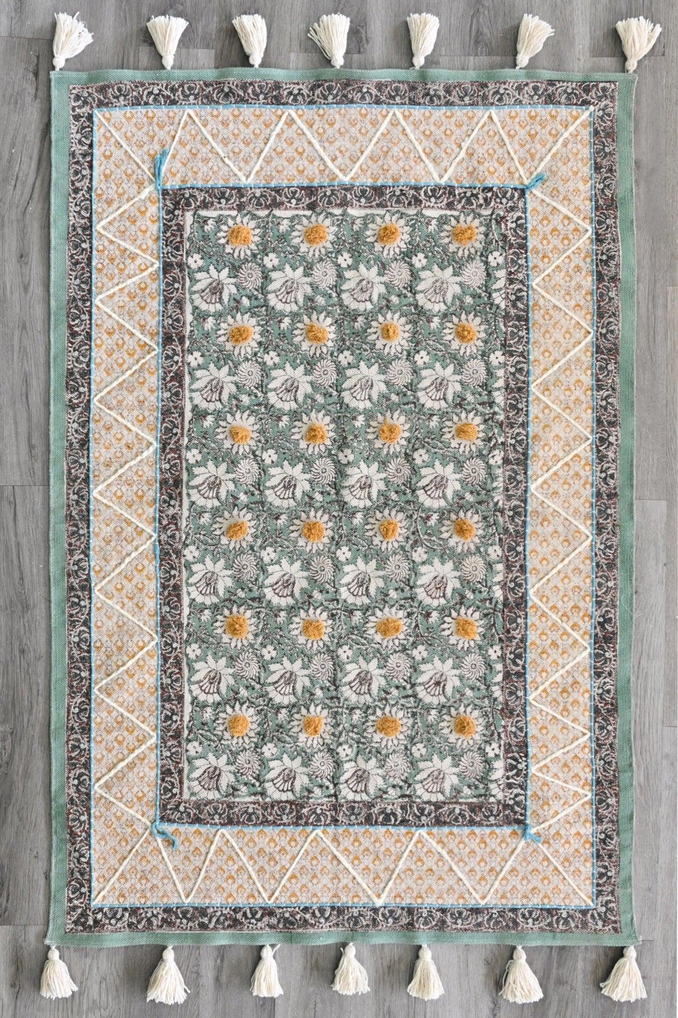 Block-Printed Cotton Dhurrie Rug in Green Floral Pattern — Art Avenue