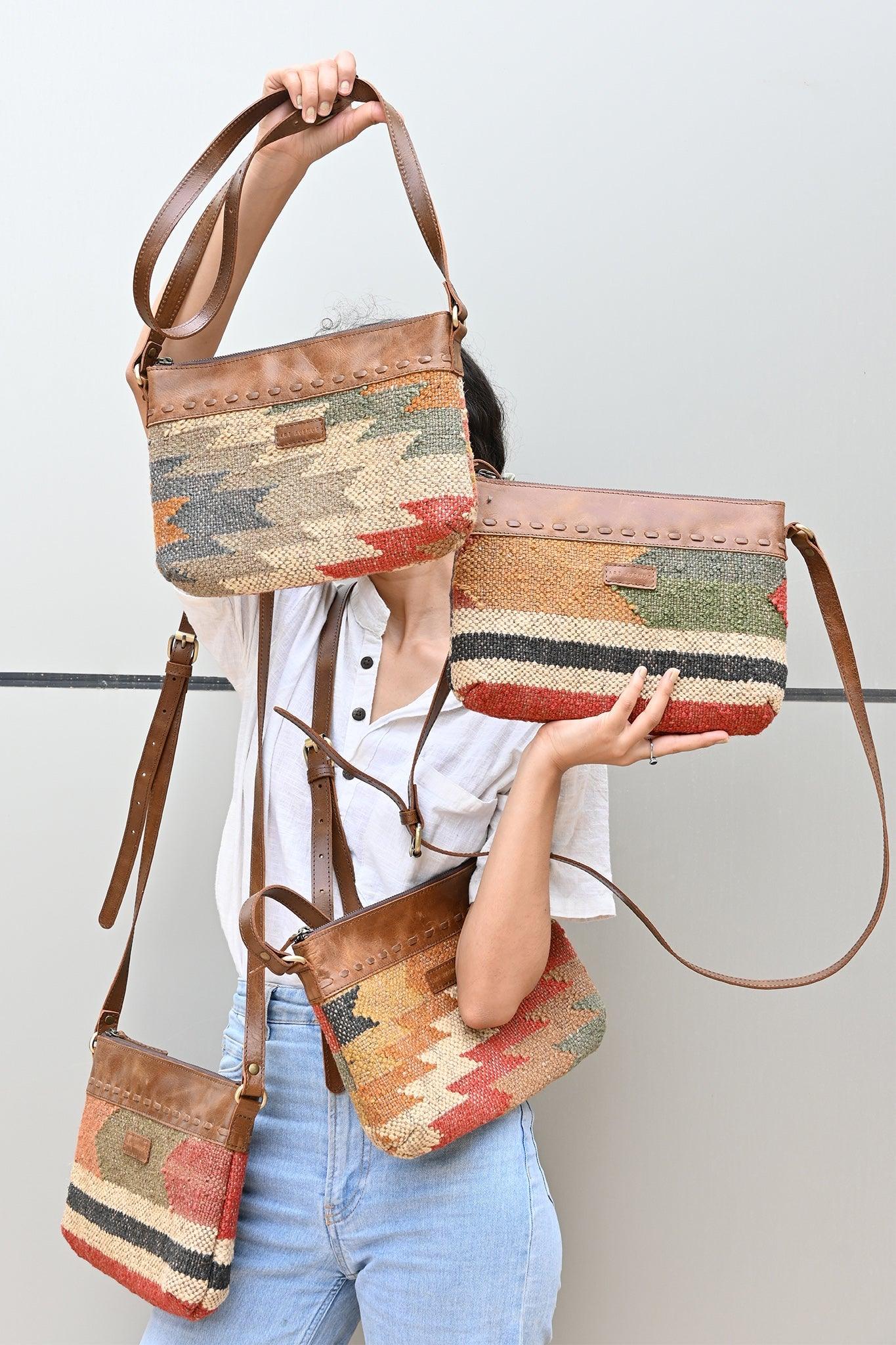 Aribo kilim and leather sling bag, side view — Art Avenue
