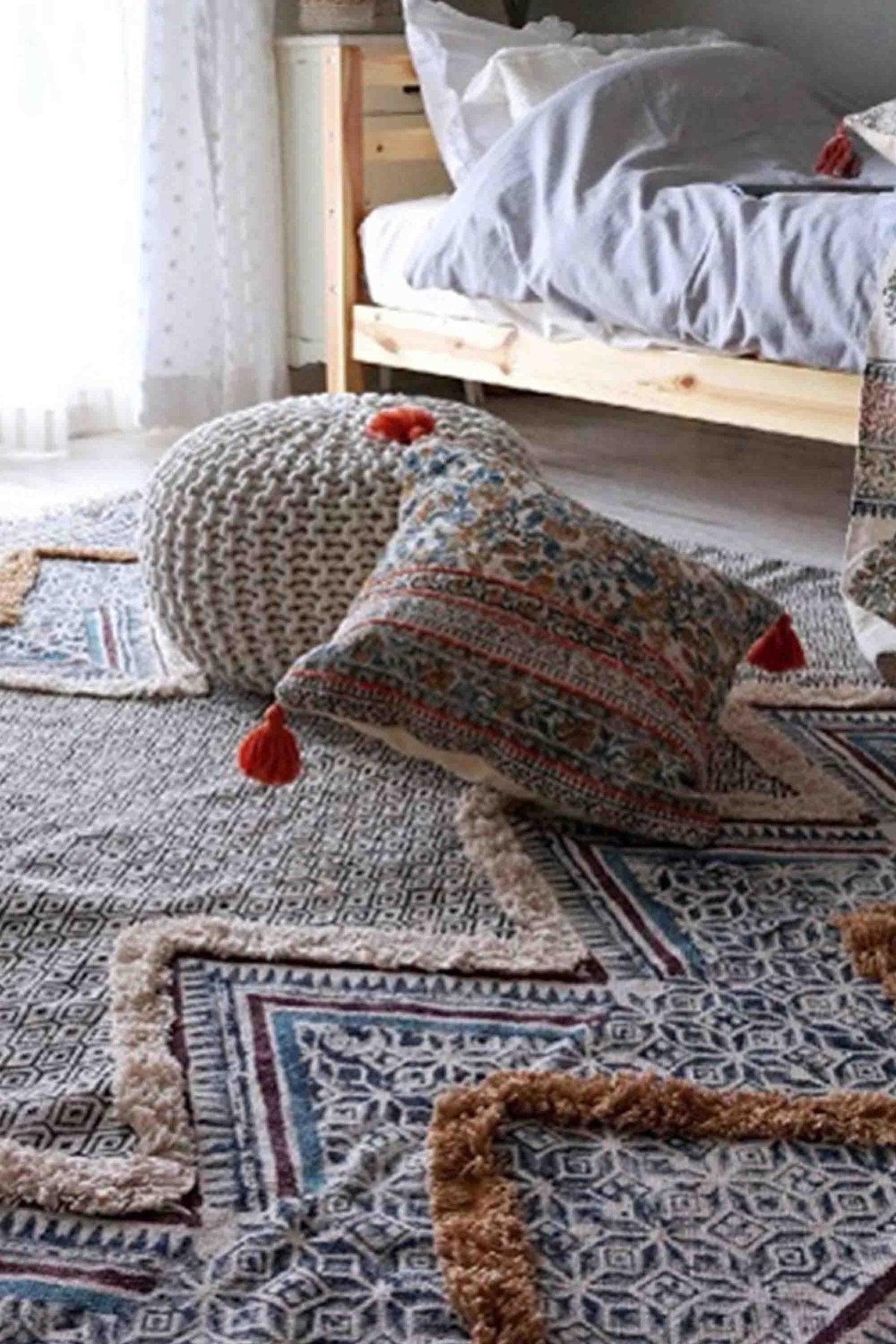 Detail of block-print on blue cotton dhurrie rug — Art Avenue