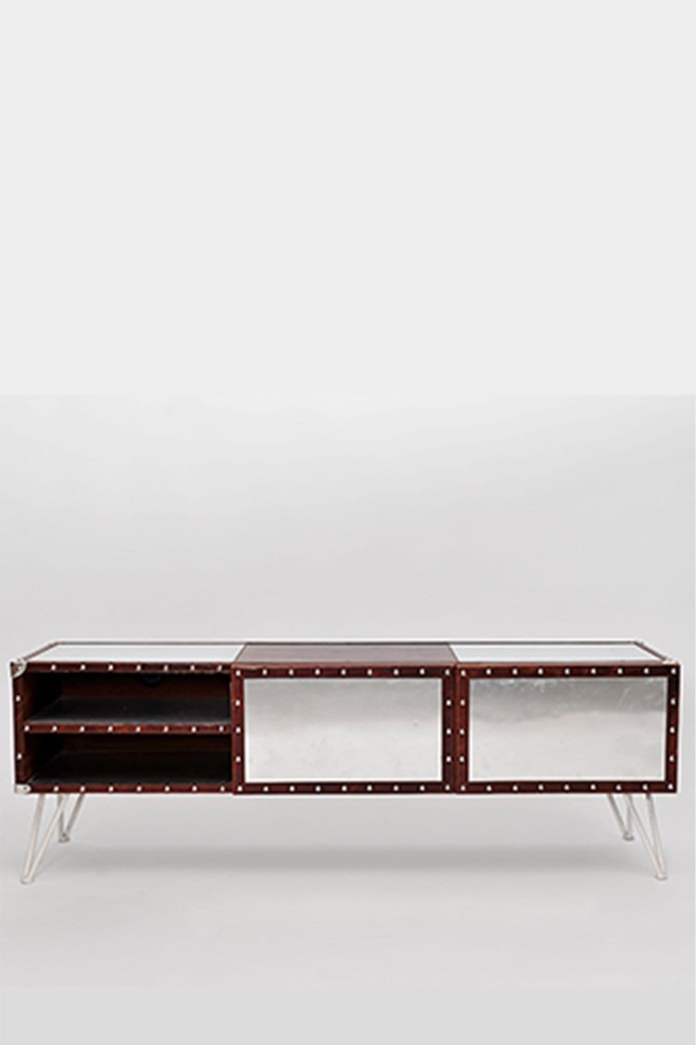 Side view of aluminium and leather TV unit — Art Avenue
