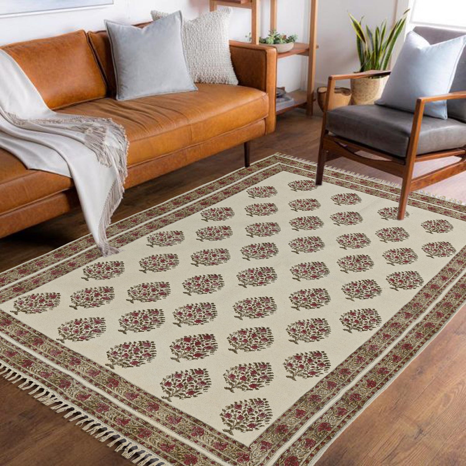 Detail of block-print on red and white dhurrie rug — Art Avenue