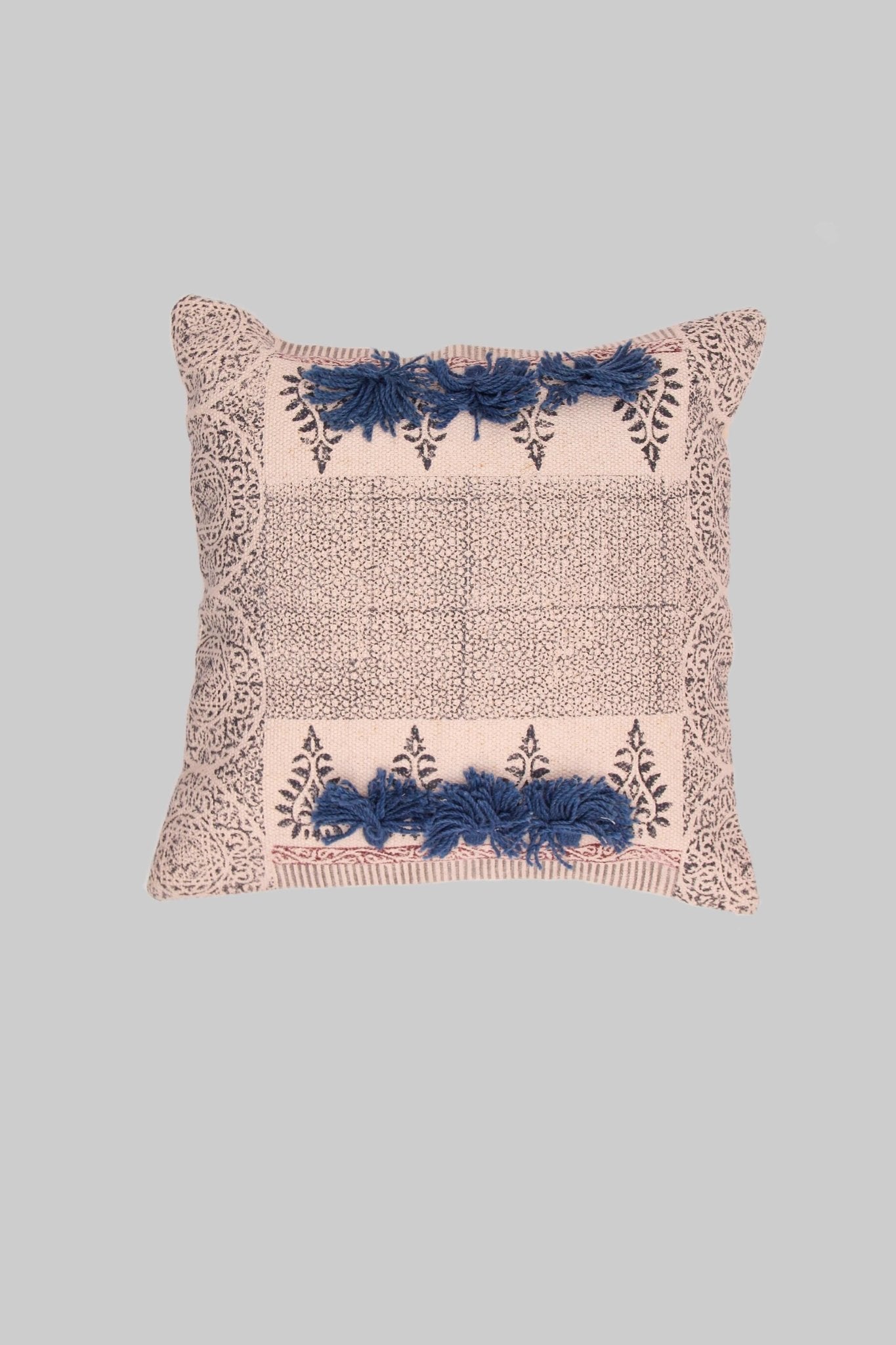 Block-printed square cushion on sofa — Art Avenue