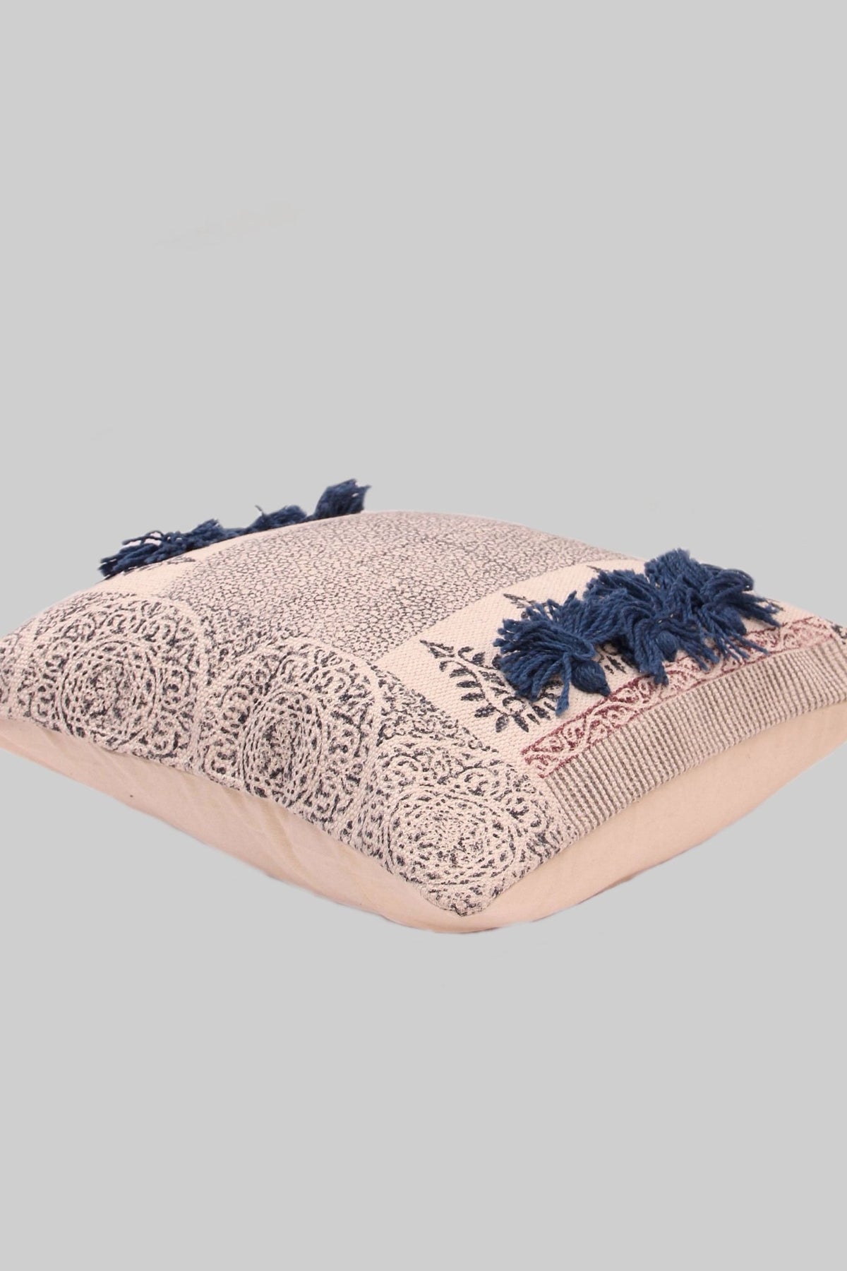 Detail of block-print on black square cushion cover — Art Avenue