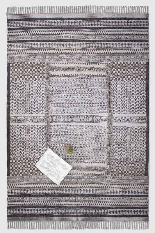 Block-Printed Cotton Dhurrie Rug in Brown Modern Pattern — Art Avenue