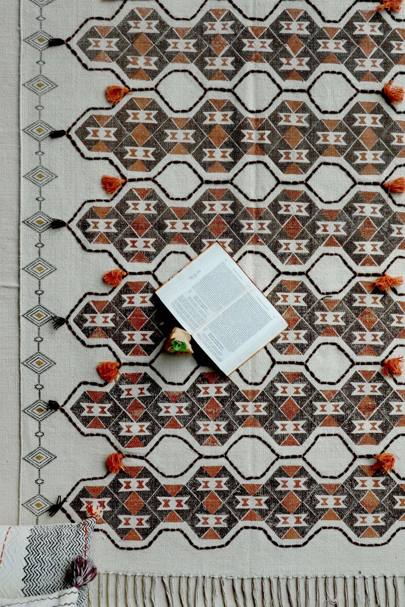 Bhiwadi block-printed cotton rug — brown handmade in Jaipur