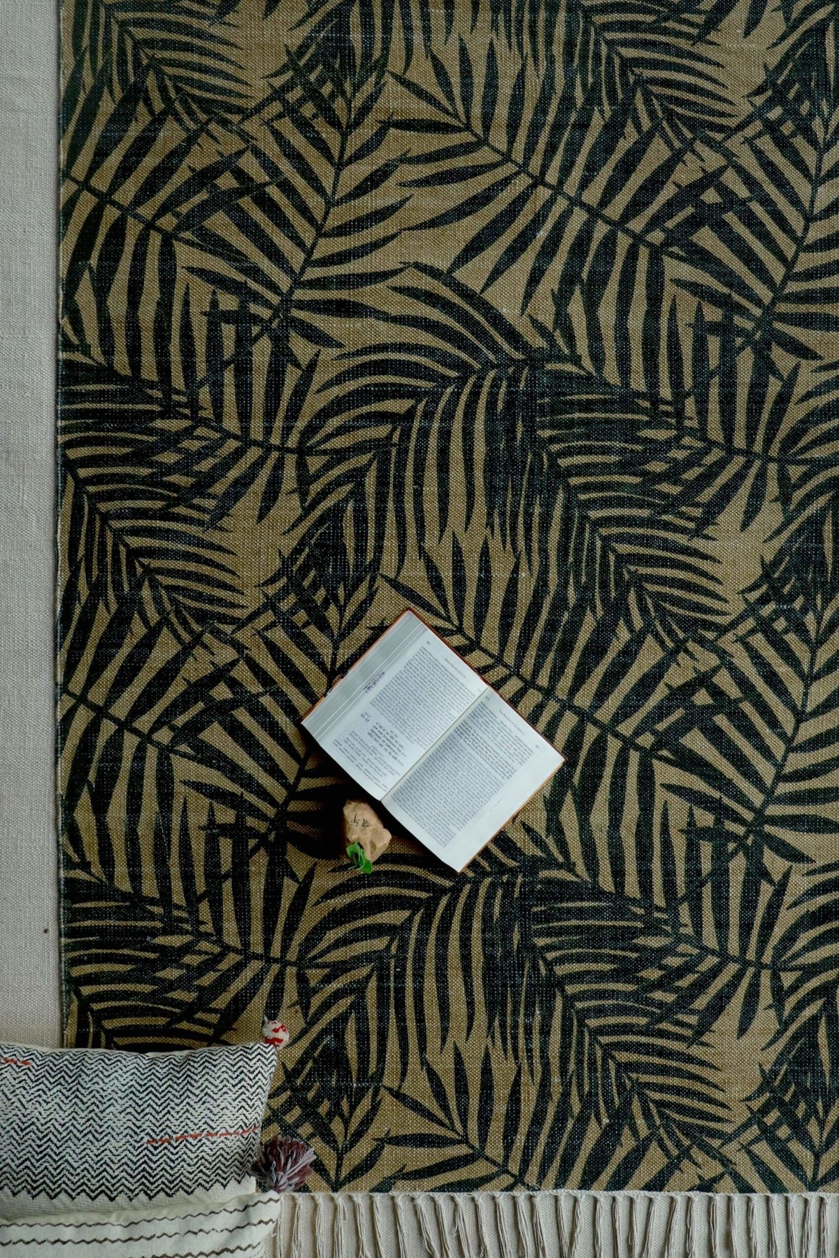 Bikaner cotton rug olive green pattern — Art Avenue Jaipur