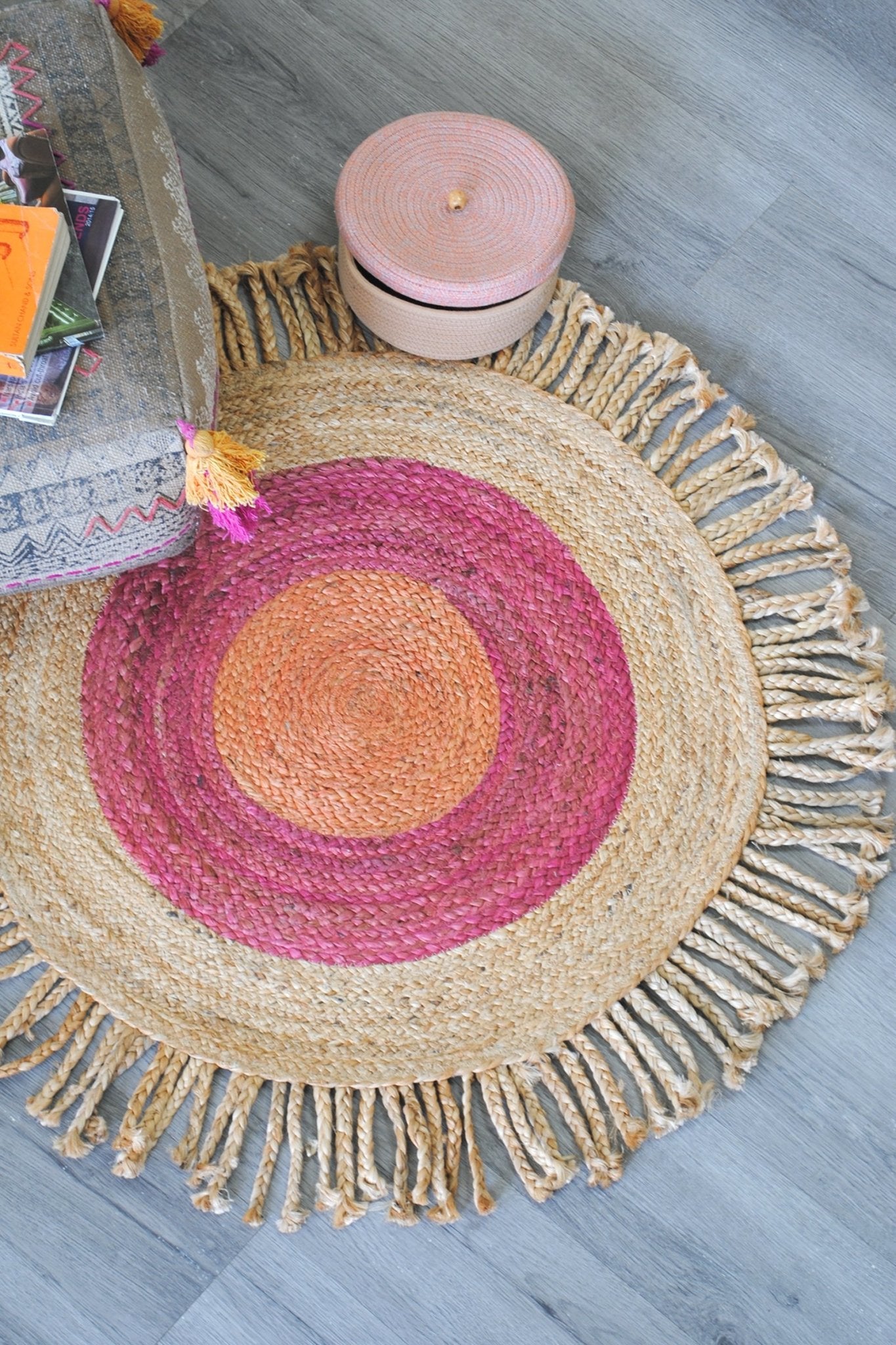 Carmine round braided jute rug — handmade in Jaipur