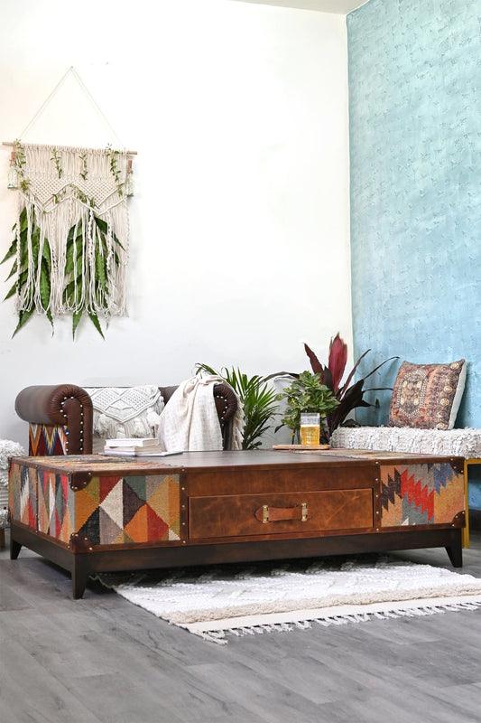 Chandigarh kilim and leather coffee table — Art Avenue