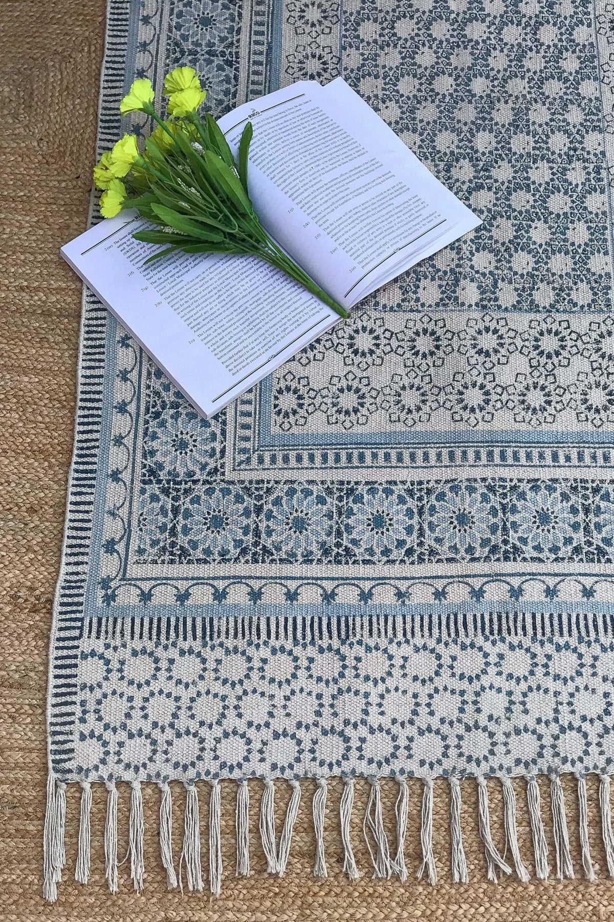 Block-printed cotton dhurrie rug in room setting — Art Avenue