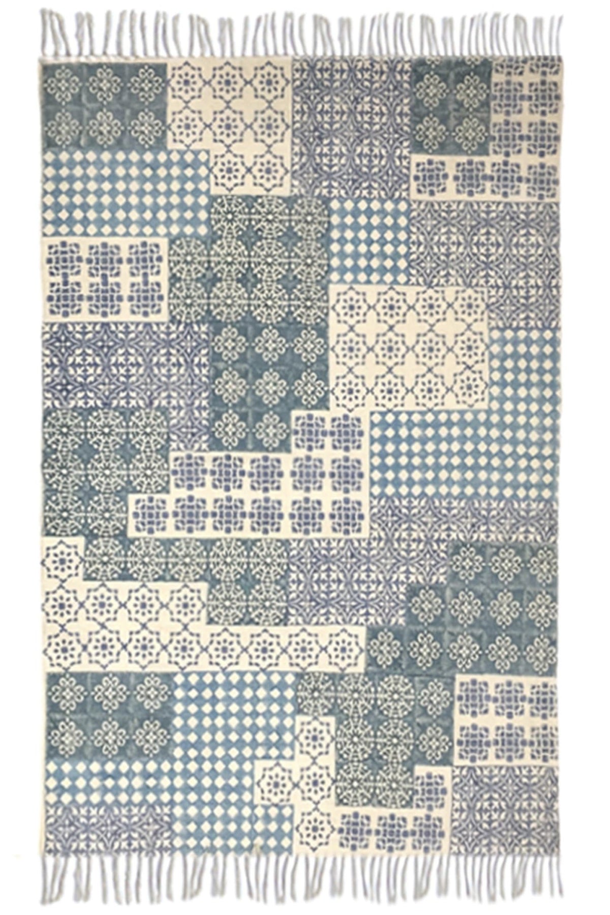 Block-Printed Cotton Dhurrie Rug in Beige & Blue Modern — Art Avenue