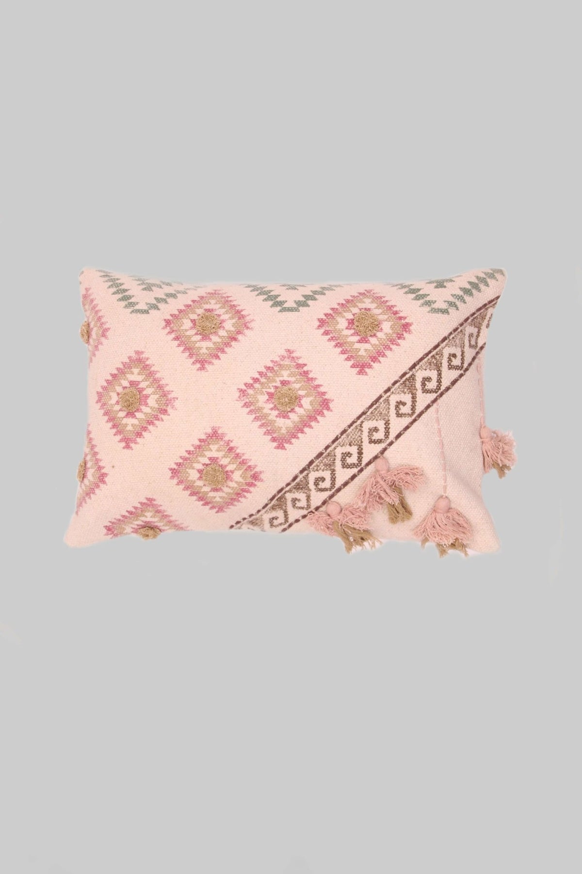 Block-printed embroidered lumbar cushion on sofa — Art Avenue