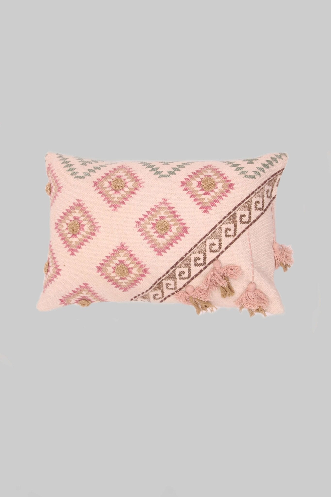 Block-printed embroidered lumbar cushion on sofa — Art Avenue