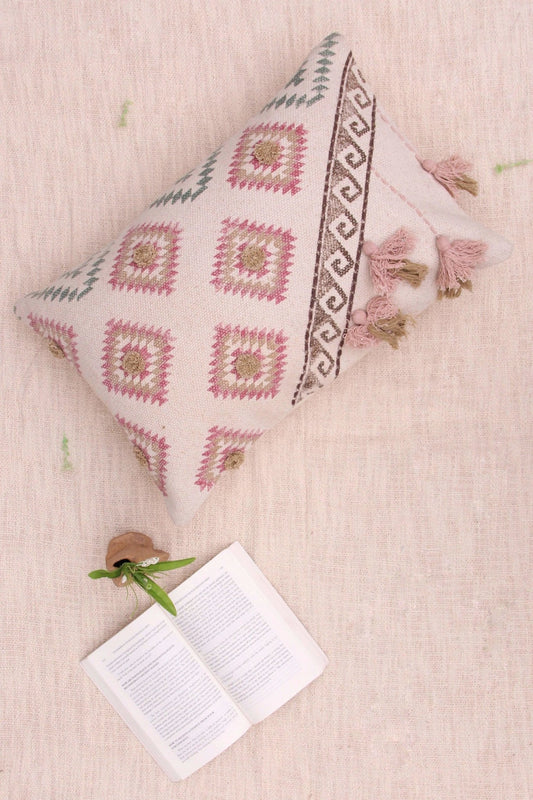 Cross Block-Printed Embroidered Lumbar Cushion Cover — Art Avenue