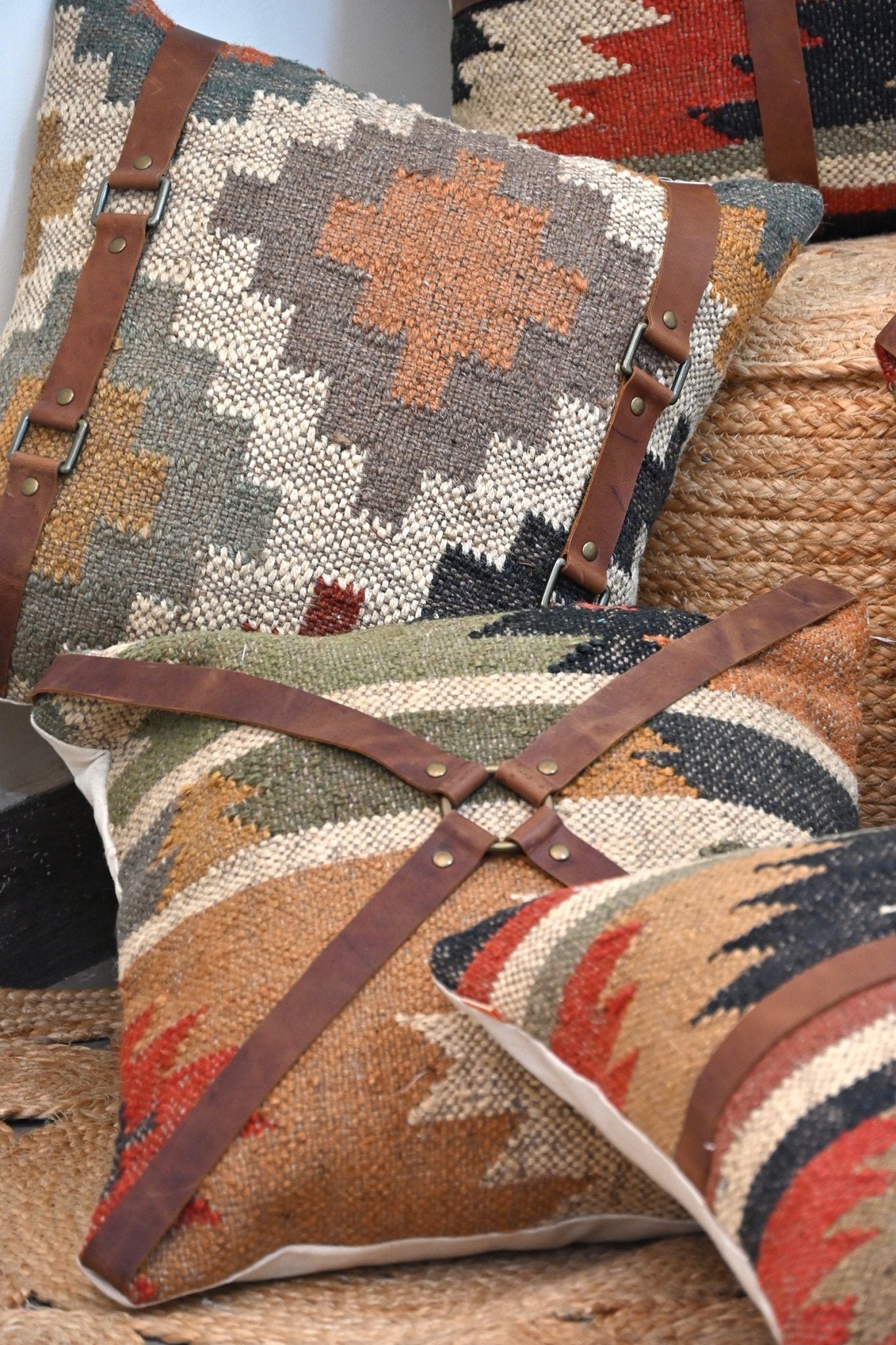 Dale kilim leather cushion cover on sofa — Art Avenue