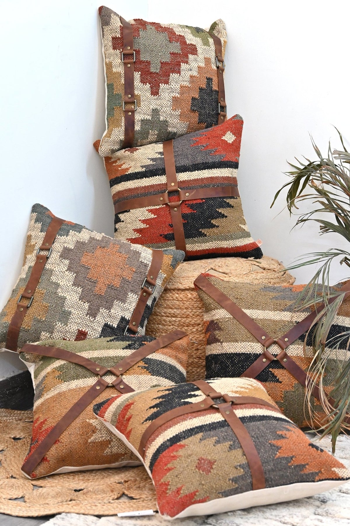 Dale kilim ikat and leather cushion cover — handwoven — Art Avenue