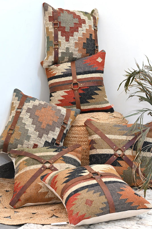 Dale kilim ikat and leather cushion cover — handwoven — Art Avenue
