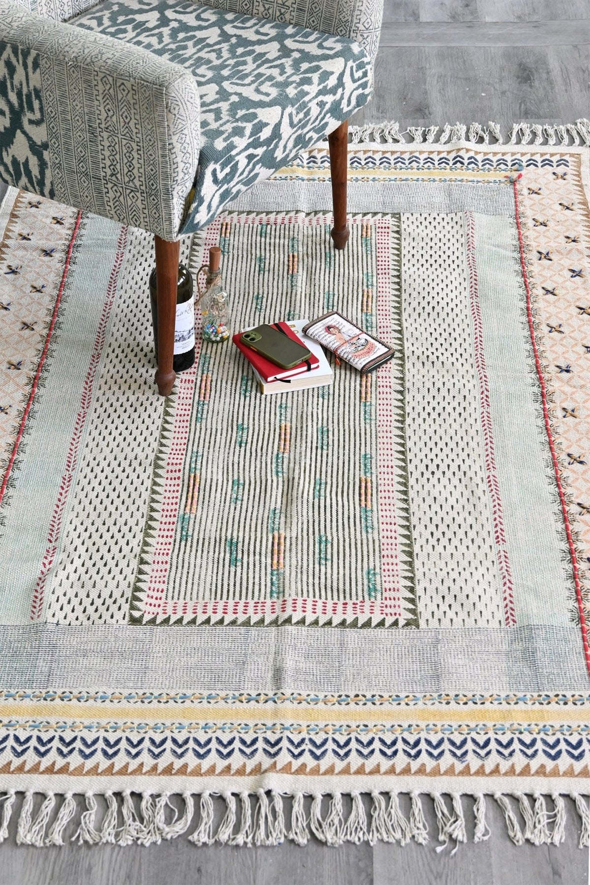 Detail of block-print on indigo dhurrie rug — Art Avenue