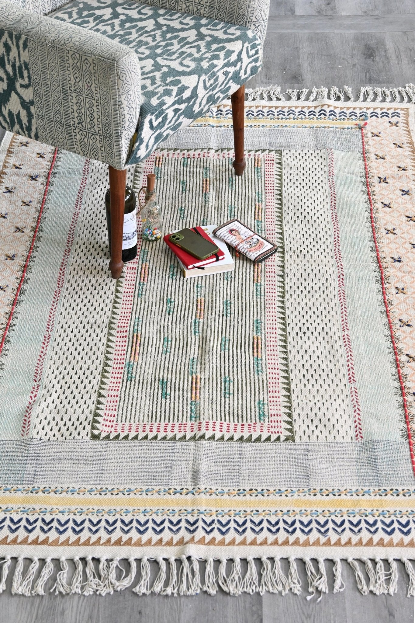 Detail of block-print on indigo dhurrie rug — Art Avenue